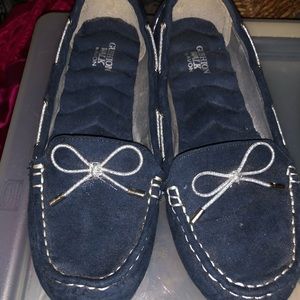 Ladies blue suede loafer or moccasin style shoe